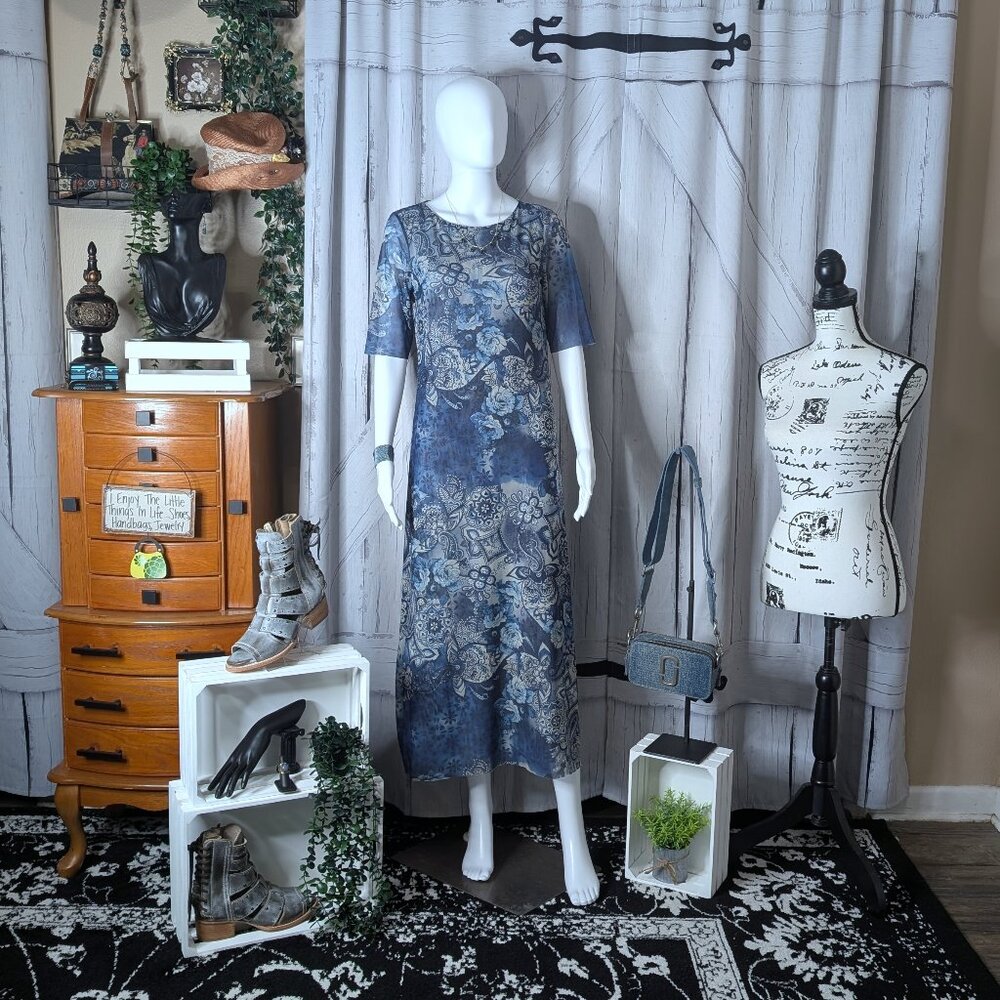 Johnny Was Jade Isobel Mesh Midi Dress Blue Medium NWT